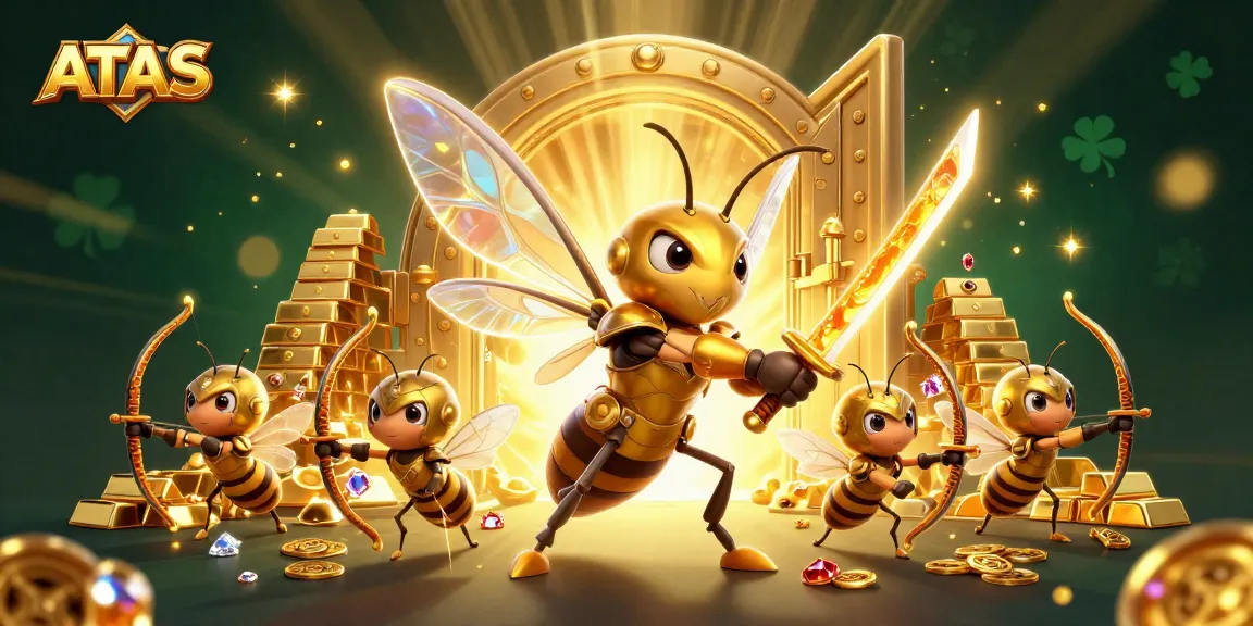 Engage with ATAS Casino's vibrant 3D gaming world featuring golden hornet warriors and treasure