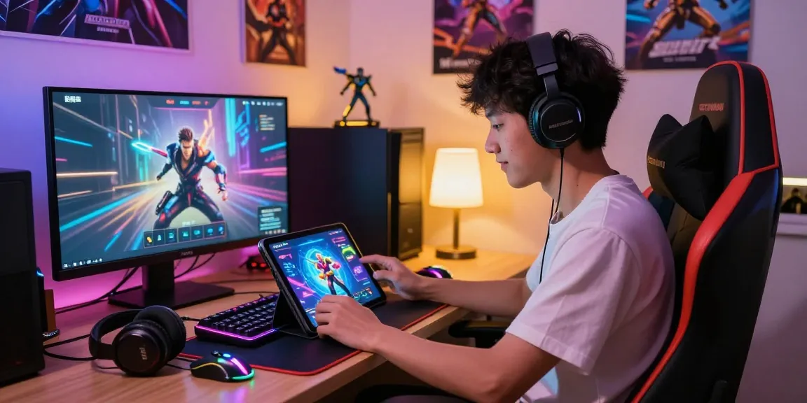 Engaged gamer using KO66 app on tablet in a vibrant gaming setup with modern accessories.