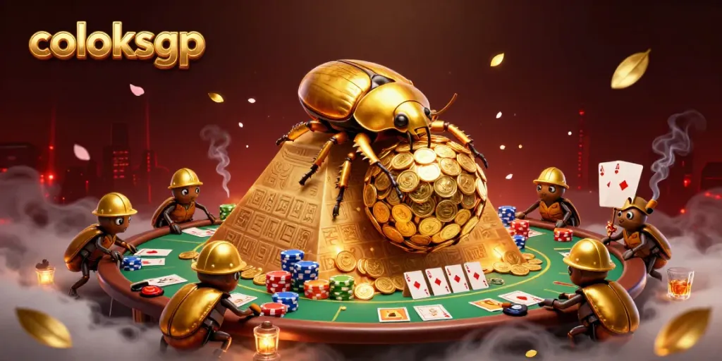 Gambarlah coloksgp dengan dung beetle emas yang menggulung koin, penuh simbol kasino dan poker.