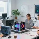 Quantum computing research team discussing advancements around a cutting-edge quantum computer model in a bright lab.