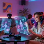 Interactive NSFW AI lounge showcasing users engaging with customizable AI companions in a vibrant environment
