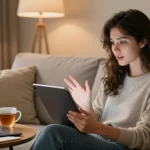 Engaged woman using AI chatbot in cozy home, showcasing ai chat nsfw interaction.