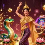 KJC highlights a vibrant casino scene with a lucky Asian woman in traditional attire and a rainbow-scaled Naga surrounded by dynamic gaming elements.