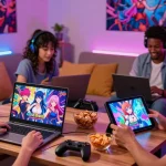 Engaged players enjoying hentai games on various devices in a cozy gaming environment.