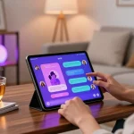 Interactive NSFW AI chat experience on a tablet in a cozy urban apartment setting