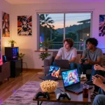Group playing an android hentai game in a cozy environment.