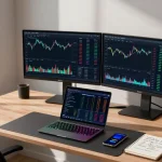 Playexch247 cryptocurrency trading setup with live charts and digital wallets, showcasing advanced trading tools and professional ambiance.