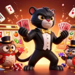 Engage with thrilling games at UU666, showcasing stylish characters dealing cards and playing with colorful slot elements.