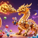 Win big at bl555 with an engaging illustration showcasing golden dragons, vibrant lottery balls, and dynamic casino elements.