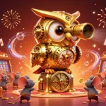 Experience luxury111's casino fun with an animated owl and mouse gaming amidst treasures and cards.