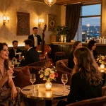 Elegant lounge scene showcasing эскорт тбилиси nightlife with diverse individuals enjoying drinks in a luxurious setting.