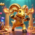 Experience ombaktoto excitement with a cartoon golden ram charging through vibrant slots elements.