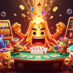 Memainkan slot88 dengan keberuntungan besar di latar belakang kasino penuh harta dan simbol keberuntungan.