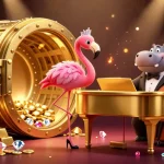 Experience the excitement of o8 kjc with a vibrant 3D casino scene featuring a flamingo singer and hippo bassist.