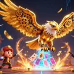 Engage with situs depo 5k featuring a dynamic scene of a 3D golden eagle amidst holographic casino elements.