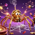 Experience iwin's thrilling casino excitement with a steampunk spider catching dice in a vibrant 3D scene.