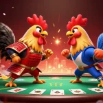 Engage in thrilling sunwin poker action with dramatic fighting roosters in a dynamic gambling showdown.