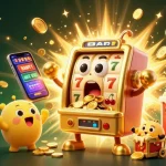 BOM88 celebrates winnings with a vibrant scene of a golden slot machine showcasing a jackpot, accompanied by cheering baby machines.