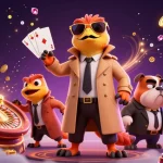 Engage in sports betting with kèo nhà cái as humorous raptors attempt VIP entry in a casino scene.