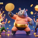 Punakawan88 offers an exciting atmosphere with a dynamic scene featuring a sumo beetle champion amidst a slot machine jackpot explosion.
