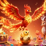 T86 jackpot slots come alive in a vibrant fire phoenix scene with colorful treasure.