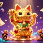 Experience RONIN77 SLOT's vibrant 3D illustration featuring lucky cats and dynamic game symbols.