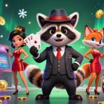Win88 offers thrilling gaming experiences as a raccoon and fox embrace a jackpot atmosphere.