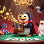 Watch the uy88play penguin masterfully play a pipe organ shooting gold coins amidst a rich casino scene.