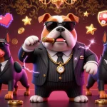 Engage with the vibrant scene at sunwin trang chính showcasing a mafia bulldog and Doberman bodyguards among colorful gaming elements.