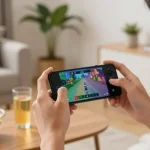 Engaging scene of a young adult enjoying an Android mobile game in a cozy living room atmosphere.
