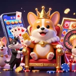 Experience gaming with five88's royal corgi on a throne of poker chips amidst vibrant casino elements.