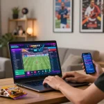Engaged user exploring fun88thaimeth on a stylish laptop during sports betting.