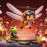 Engage with Win88 at a vibrant lily pad casino, featuring a dragonfly pilot and frog croupier.