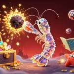 Experience the thrill of มูเตลู หวย with vibrant characters and lottery elements exploding in gems and coins.