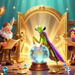 Menang di bandar slot online dengan ilustrasi 3D yang menampilkan mantis peramal dan kupu-kupu bijak.