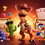 Experience situs slot gacor excitement with T-Rex and slot reels in vibrant casino scene.