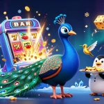 Engage with DA88’s vibrant slot game world featuring a peacock, a butler penguin, and dynamic casino elements.