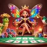 Experience the excitement of VIN88 Casino with a butterfly queen, poker chips, and vibrant game elements.