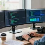 Software developer in a tech workspace coding with multiple monitors displaying interactive projects and algorithms, capturing the innovative spirit in a vibrant office.
