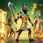 M3 Casino showcases a vibrant 3D illustration of Anubis and Bastet amidst slot reels and treasures for gamblers.