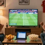 Excited friends watching football match at home using موقع IHD Sports app for live streaming and scores.