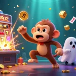 Engaging vlxx gaming moment with a mischievous monkey and ghost-hunter puppy in a vibrant casino
