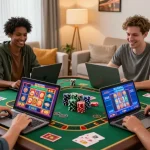 Players enjoying Free No Deposit Bonus offers at home with vibrant casino games on screen.