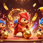 Engaging scene of rival pangolins playing slot depo 5 ribu with stacks of poker chips and golden balls.